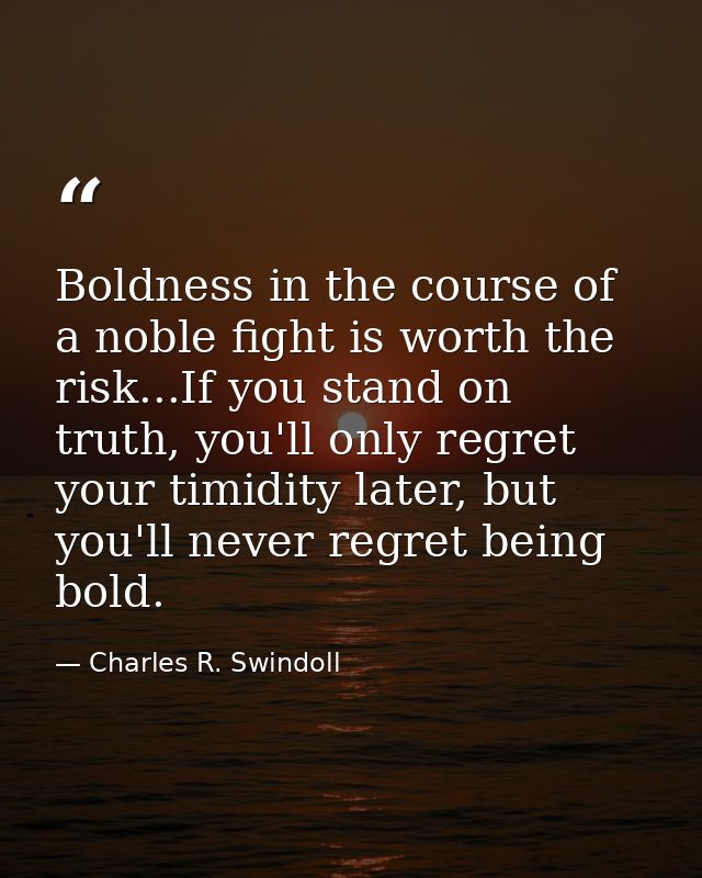 Boldness in the course of a noble fight is worth the risk...If you stand on truth, you'll only regret your timidity late — Charles R. Swindoll