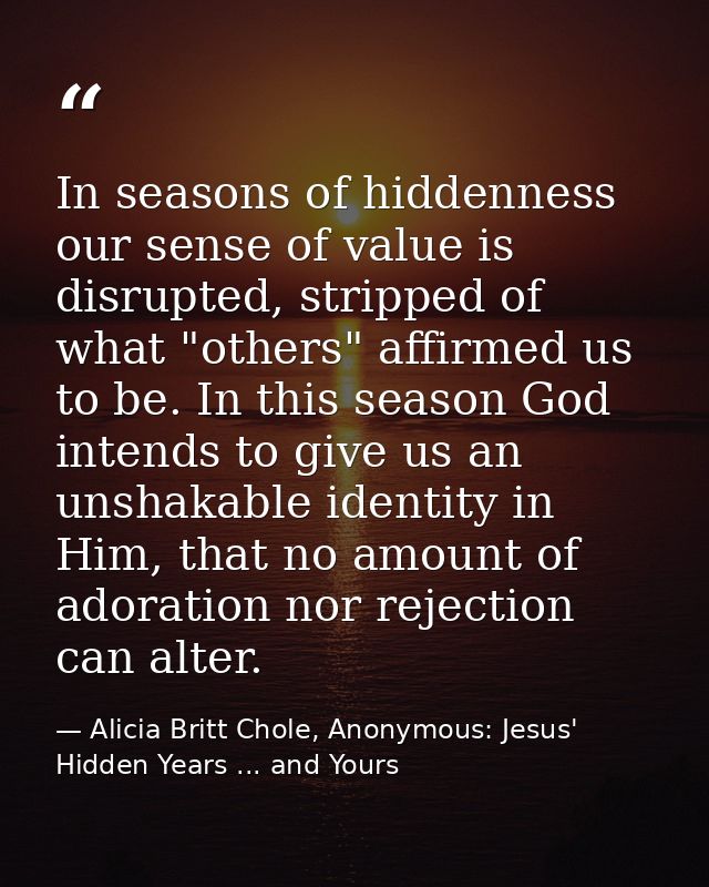 In seasons of hiddenness our sense of value is disrupted, stripped of what "others" affirmed us to be. In this season Go — Alicia Britt Chole, Anonymous: Jesus' Hidden Years ... and Yours