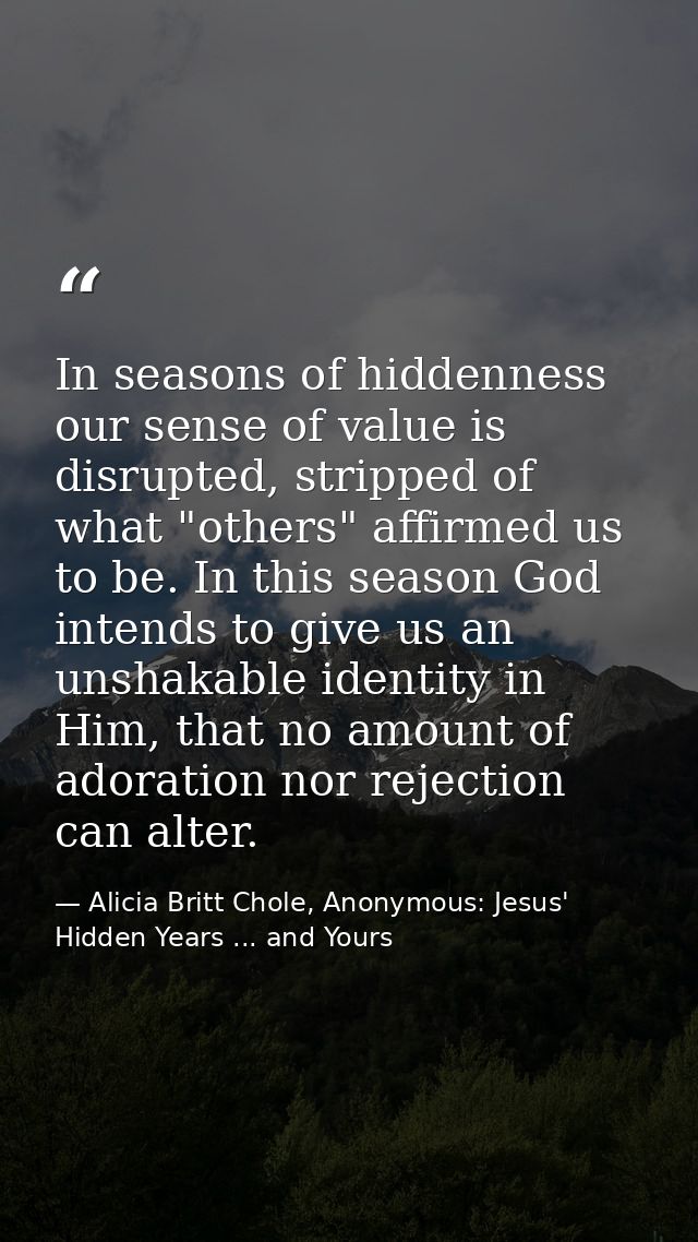 In seasons of hiddenness our sense of value is disrupted, stripped of what "others" affirmed us to be. In this season Go — Alicia Britt Chole, Anonymous: Jesus' Hidden Years ... and Yours