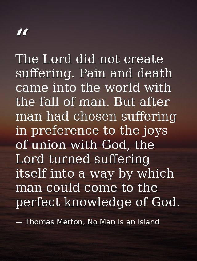 The Lord did not create suffering. Pain and death came into the world with the fall of man. But after man had chosen suf — Thomas Merton, No Man Is an Island
