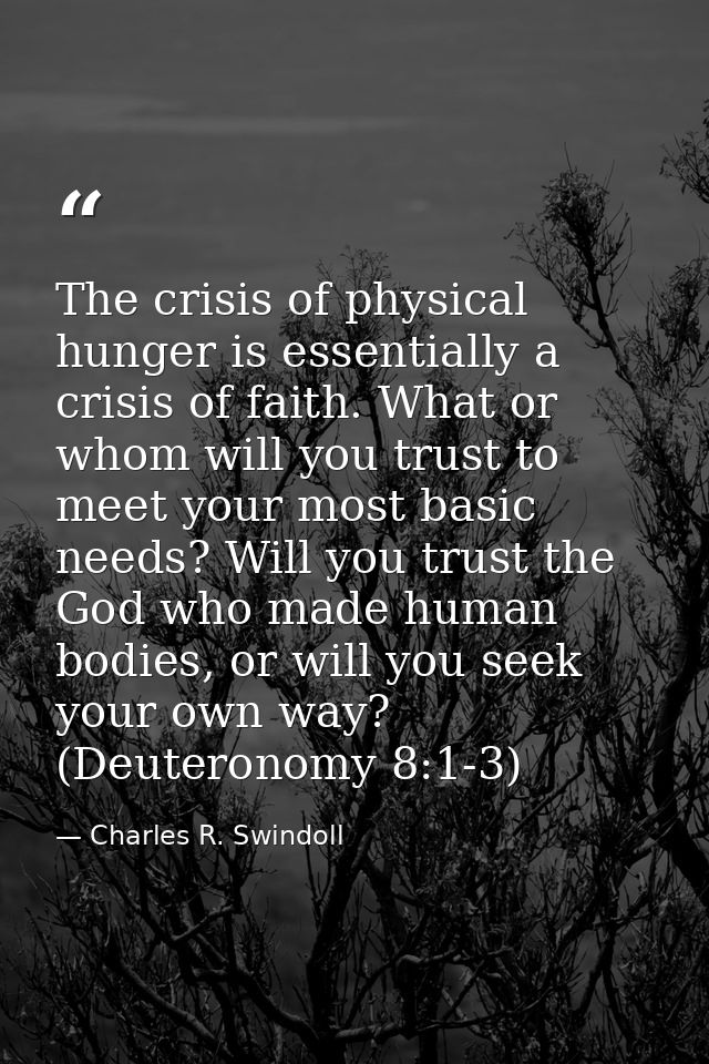 The crisis of physical hunger is essentially a crisis of faith. What or whom will you trust to meet your most basic need — Charles R. Swindoll