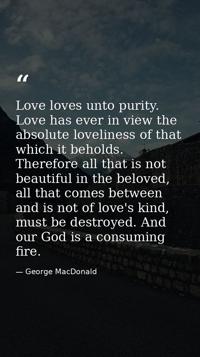Love loves unto purity. Love has ever in view the absolute loveliness of that which it beholds. Therefore all that is no — George MacDonald