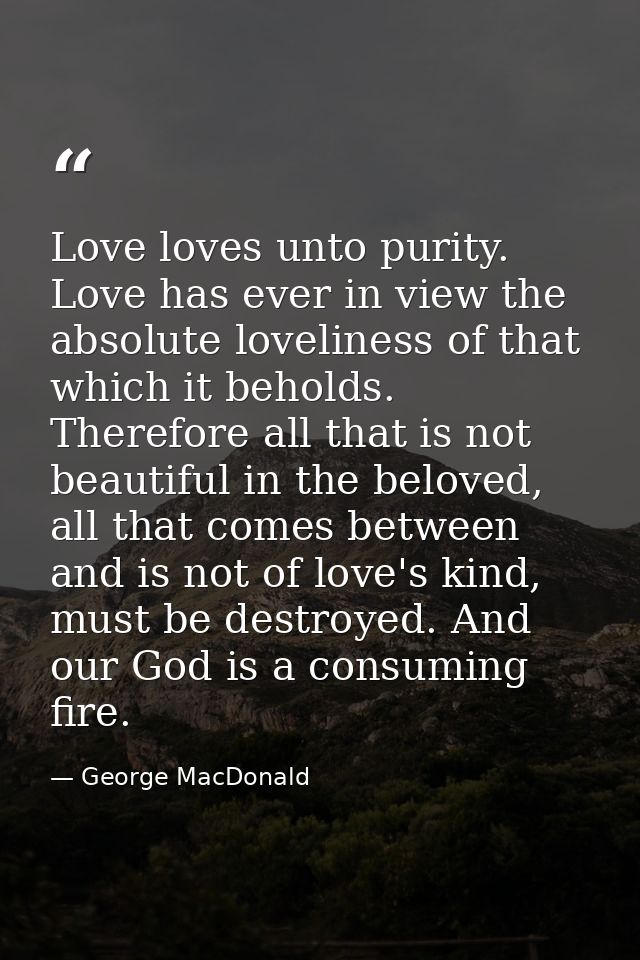 Love loves unto purity. Love has ever in view the absolute loveliness of that which it beholds. Therefore all that is no — George MacDonald