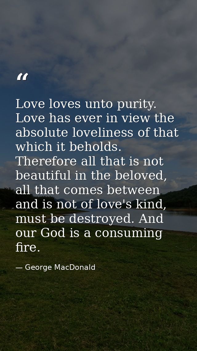Love loves unto purity. Love has ever in view the absolute loveliness of that which it beholds. Therefore all that is no — George MacDonald