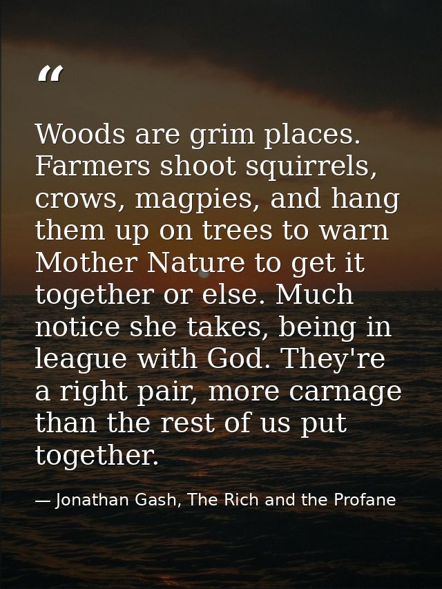 Woods are grim places. Farmers shoot squirrels, crows, magpies, and hang them up on trees to warn Mother Nature to get i — Jonathan Gash, The Rich and the Profane