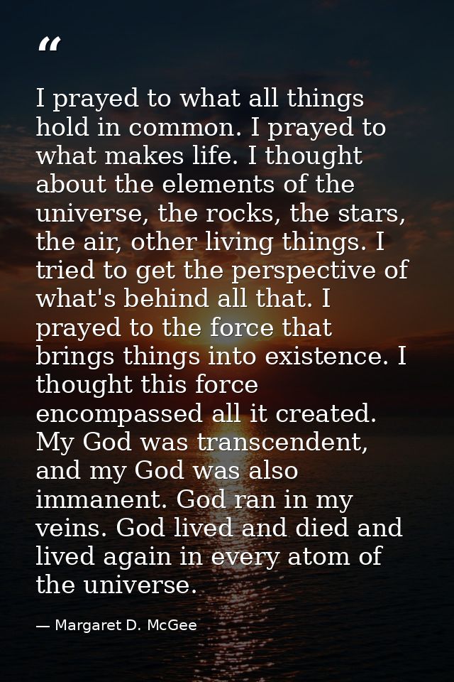 I prayed to what all things hold in common. I prayed to what makes life. I thought about the elements of the universe, t — Margaret D. McGee