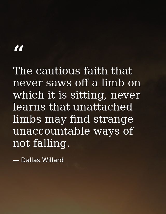 The cautious faith that never saws off a limb on which it is sitting, never learns that unattached limbs may find strang — Dallas Willard