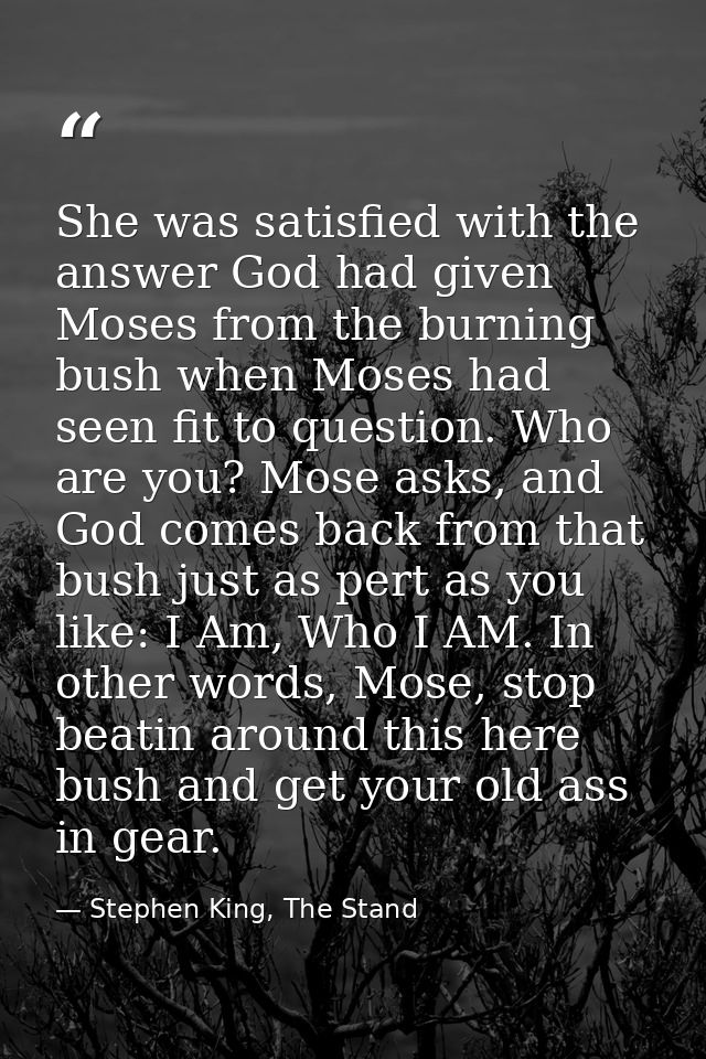 She was satisfied with the answer God had given Moses from the burning bush when Moses had seen fit to question. Who are — Stephen King, The Stand