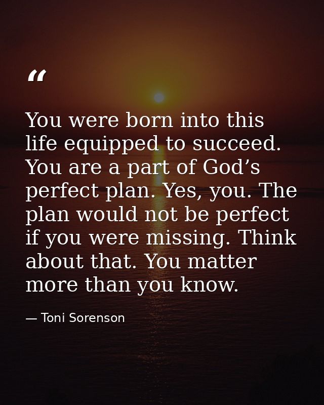 You were born into this life equipped to succeed. You are a part of God’s perfect plan. Yes, you. The plan would not be  — Toni Sorenson