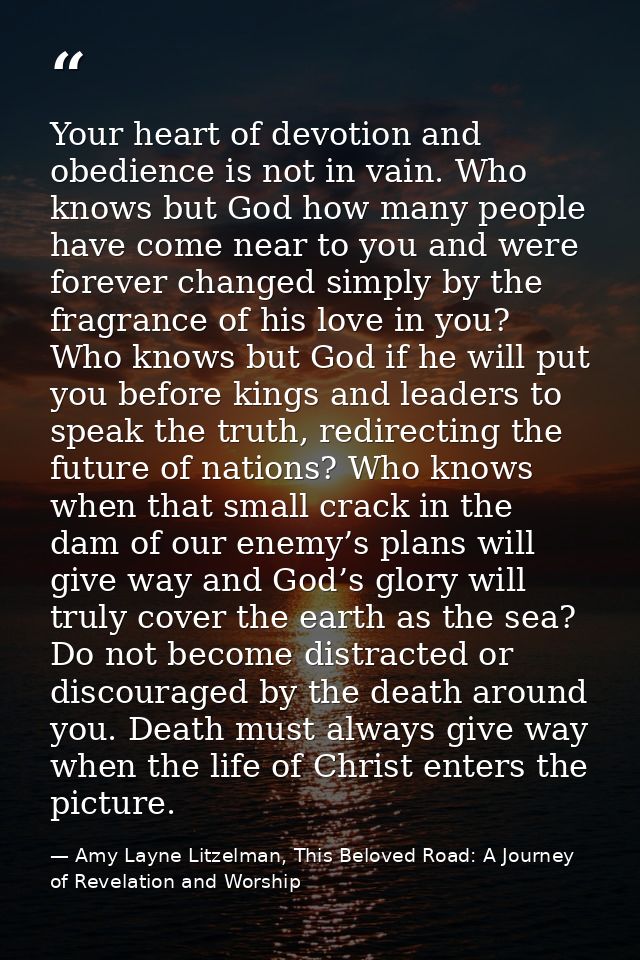 Your heart of devotion and obedience is not in vain. Who knows but God how many people have come near to you and were fo — Amy Layne Litzelman, This Beloved Road: A Journey of Revelation and Worship