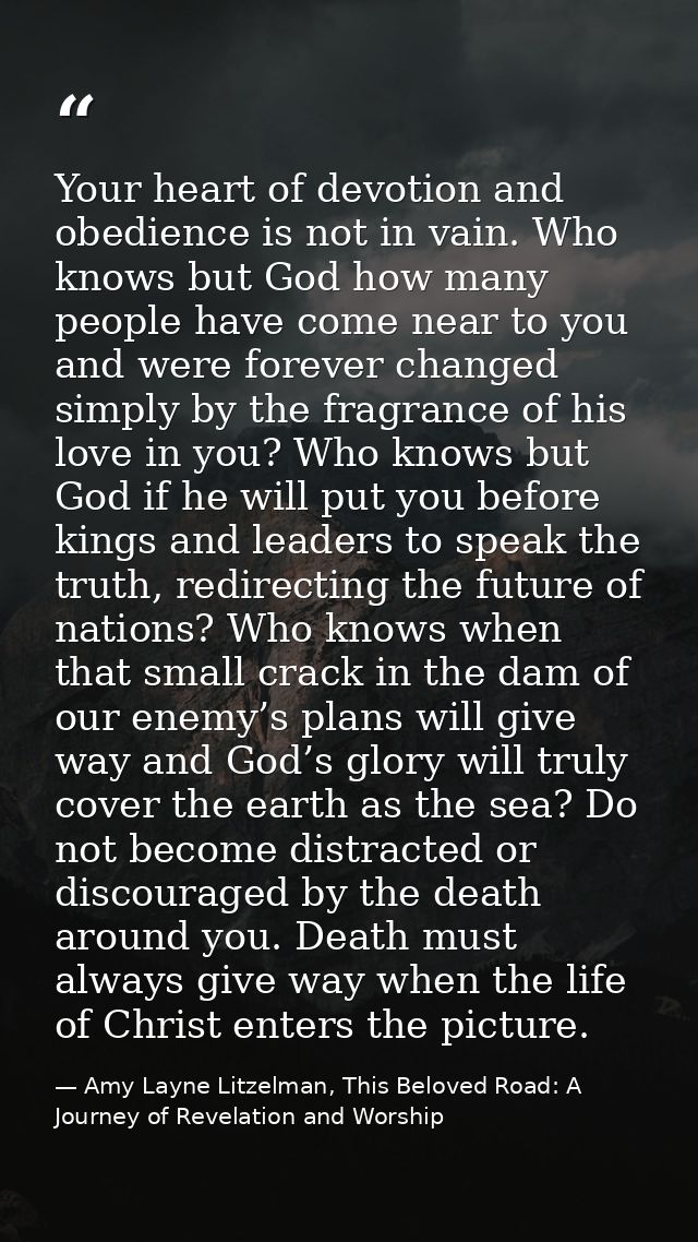 Your heart of devotion and obedience is not in vain. Who knows but God how many people have come near to you and were fo — Amy Layne Litzelman, This Beloved Road: A Journey of Revelation and Worship