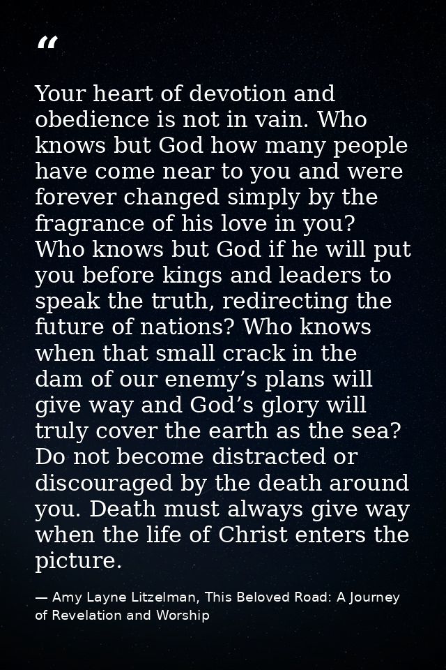 Your heart of devotion and obedience is not in vain. Who knows but God how many people have come near to you and were fo — Amy Layne Litzelman, This Beloved Road: A Journey of Revelation and Worship