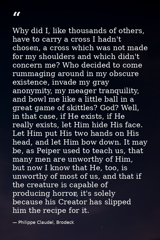 Why did I, like thousands of others, have to carry a cross I hadn't chosen, a cross which was not made for my shoulders  — Philippe Claudel, Brodeck