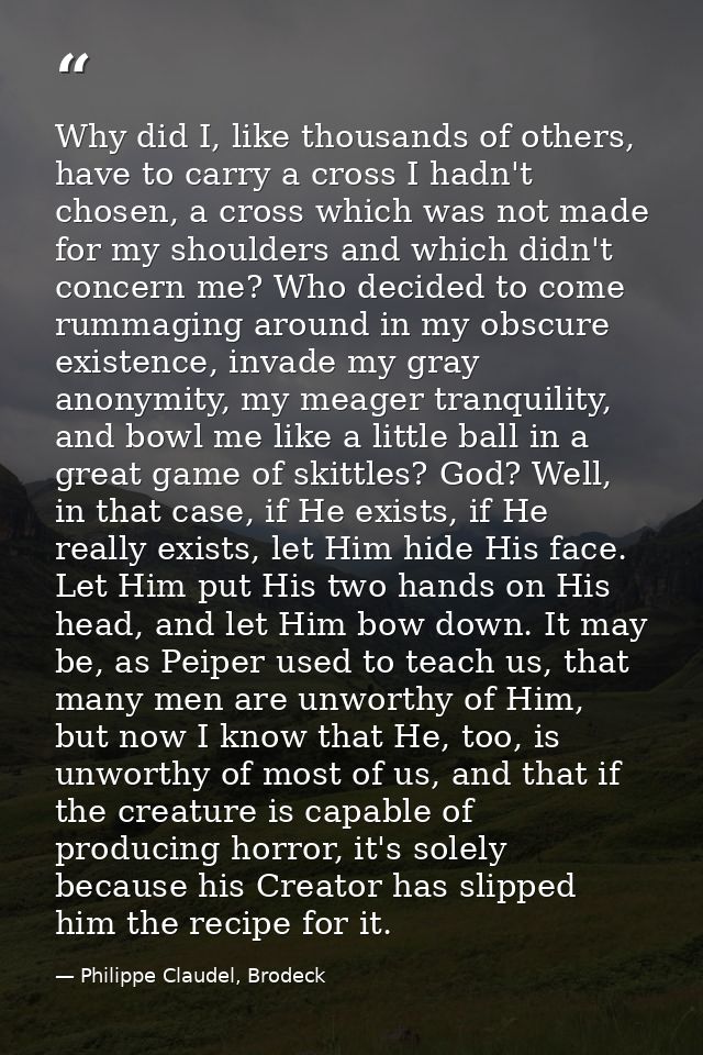 Why did I, like thousands of others, have to carry a cross I hadn't chosen, a cross which was not made for my shoulders  — Philippe Claudel, Brodeck