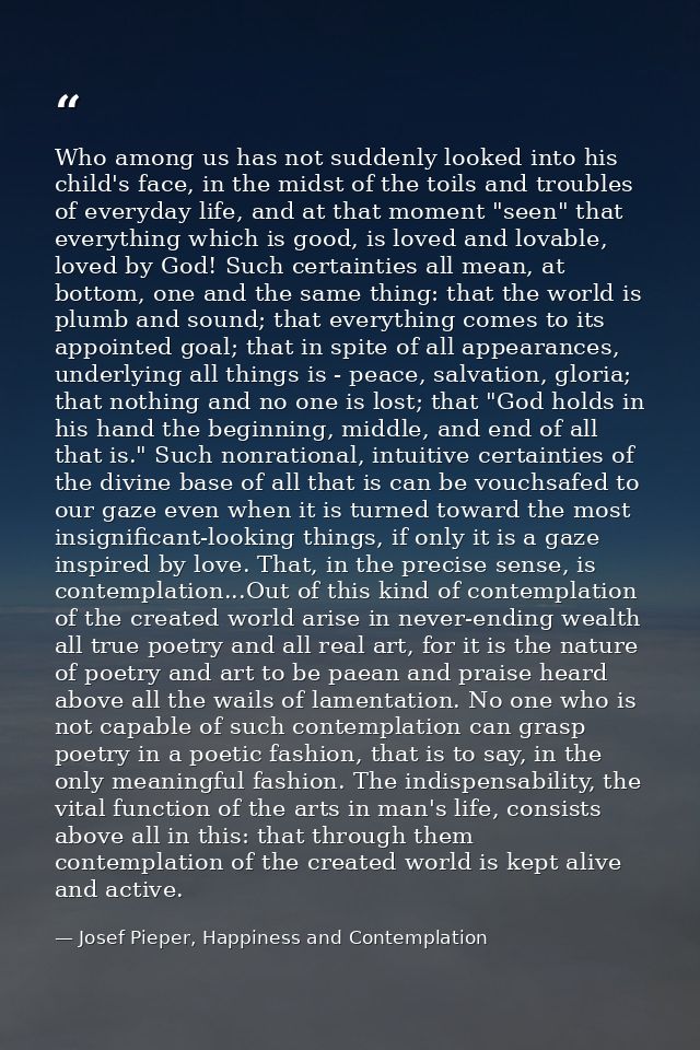 Who among us has not suddenly looked into his child's face, in the midst of the toils and troubles of everyday life, and — Josef Pieper, Happiness and Contemplation