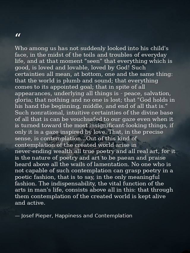 Who among us has not suddenly looked into his child's face, in the midst of the toils and troubles of everyday life, and — Josef Pieper, Happiness and Contemplation