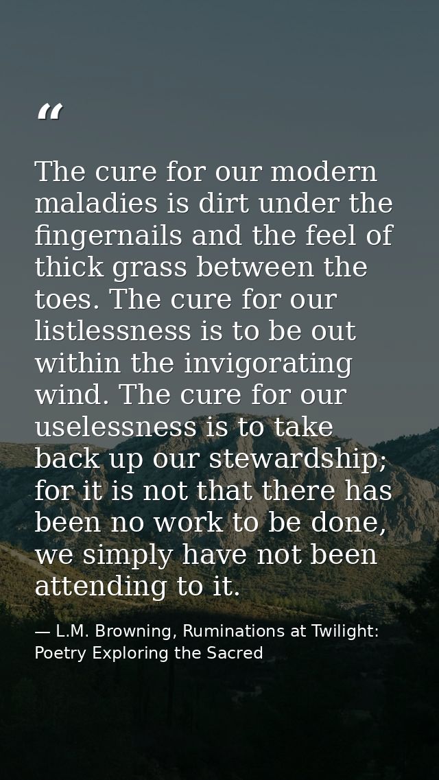 The cure for our modern maladies is dirt under the fingernails and the feel of thick grass between the toes. The cure fo — L.M. Browning, Ruminations at Twilight: Poetry Exploring the Sacred