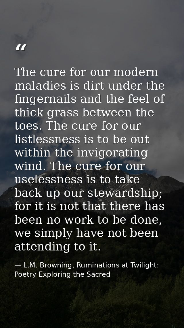 The cure for our modern maladies is dirt under the fingernails and the feel of thick grass between the toes. The cure fo — L.M. Browning, Ruminations at Twilight: Poetry Exploring the Sacred