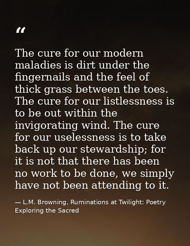 The cure for our modern maladies is dirt under the fingernails and the feel of thick grass between the toes. The cure fo — L.M. Browning, Ruminations at Twilight: Poetry Exploring the Sacred