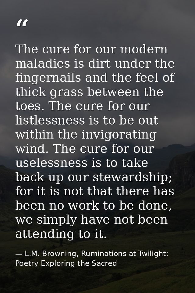 The cure for our modern maladies is dirt under the fingernails and the feel of thick grass between the toes. The cure fo — L.M. Browning, Ruminations at Twilight: Poetry Exploring the Sacred