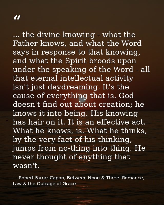 ... the divine knowing - what the Father knows, and what the Word says in response to that knowing, and what the Spirit  — Robert Farrar Capon, Between Noon & Three: Romance, Law & the Outrage of Grace