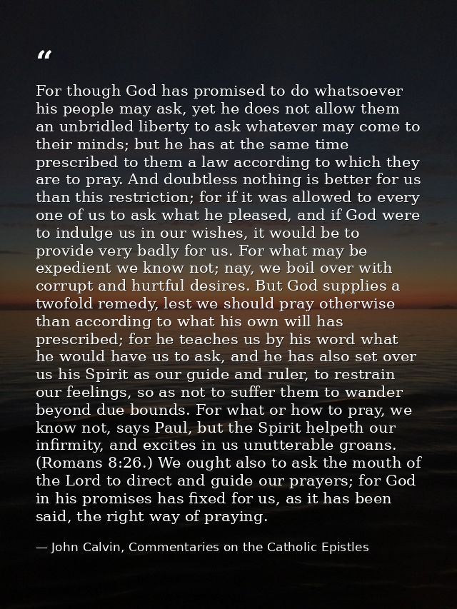 For though God has promised to do whatsoever his people may ask, yet he does not allow them an unbridled liberty to ask  — John Calvin, Commentaries on the Catholic Epistles