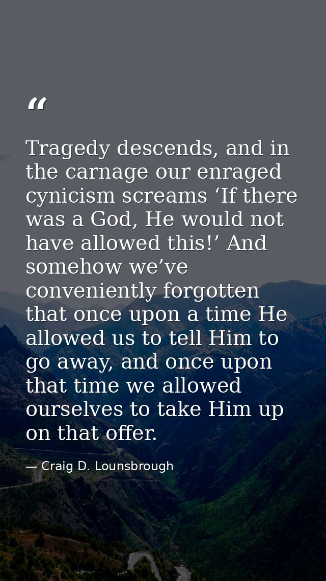 Tragedy descends, and in the carnage our enraged cynicism screams ‘If there was a God, He would not have allowed this!’  — Craig D. Lounsbrough