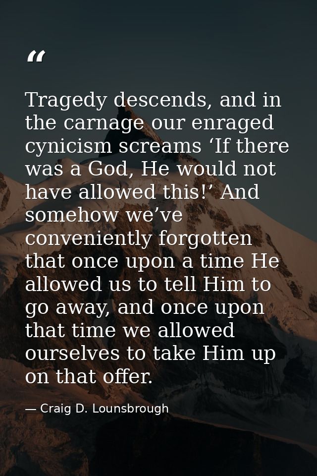 Tragedy descends, and in the carnage our enraged cynicism screams ‘If there was a God, He would not have allowed this!’  — Craig D. Lounsbrough