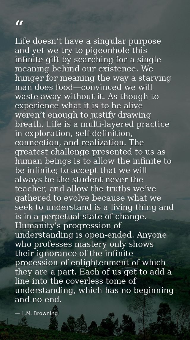 Life doesn’t have a singular purpose and yet we try to pigeonhole this infinite gift by searching for a single meaning b — L.M. Browning