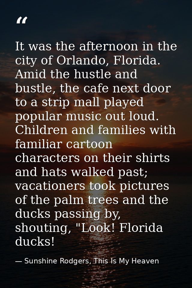 It was the afternoon in the city of Orlando, Florida. Amid the hustle and bustle, the cafe next door to a strip mall pla — Sunshine Rodgers, This Is My Heaven