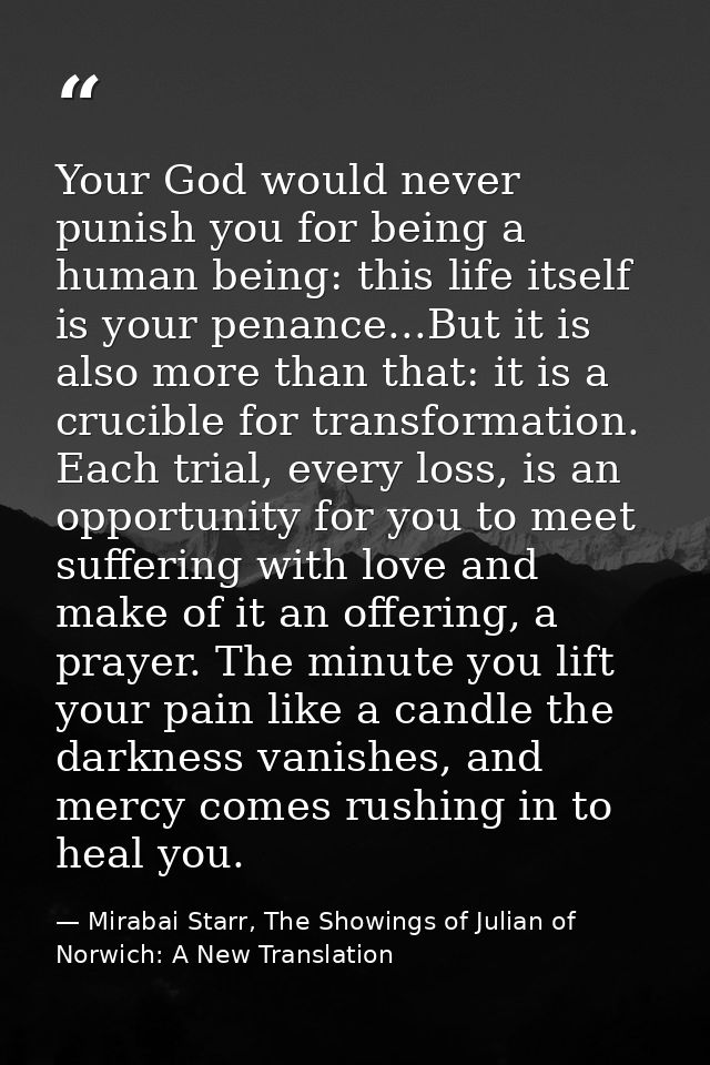 Your God would never punish you for being a human being: this life itself is your penance...But it is also more than tha — Mirabai Starr, The Showings of Julian of Norwich: A New Translation