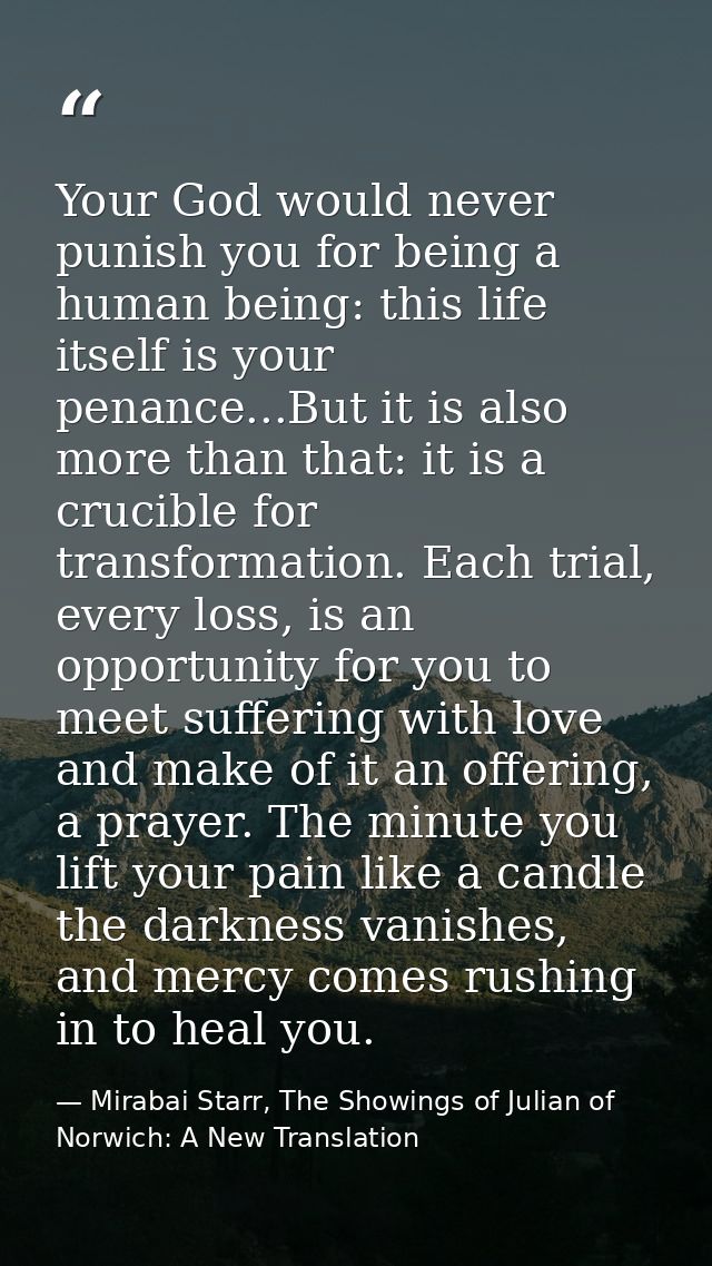 Your God would never punish you for being a human being: this life itself is your penance...But it is also more than tha — Mirabai Starr, The Showings of Julian of Norwich: A New Translation