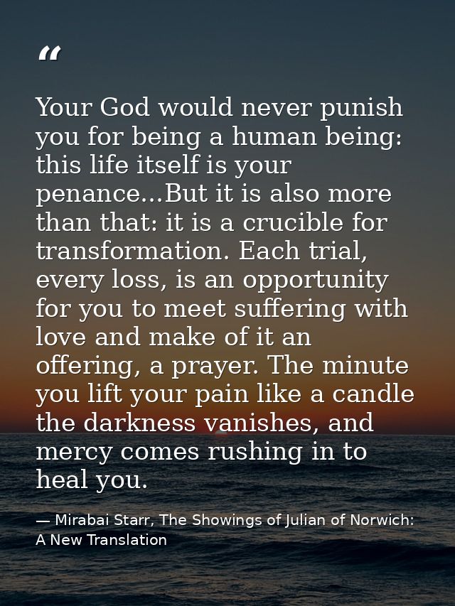 Your God would never punish you for being a human being: this life itself is your penance...But it is also more than tha — Mirabai Starr, The Showings of Julian of Norwich: A New Translation
