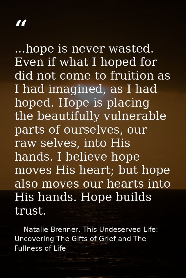 ...hope is never wasted. Even if what I hoped for did not come to fruition as I had imagined, as I had hoped. Hope is pl — Natalie Brenner, This Undeserved Life: Uncovering The Gifts of Grief and The Fullness of Life