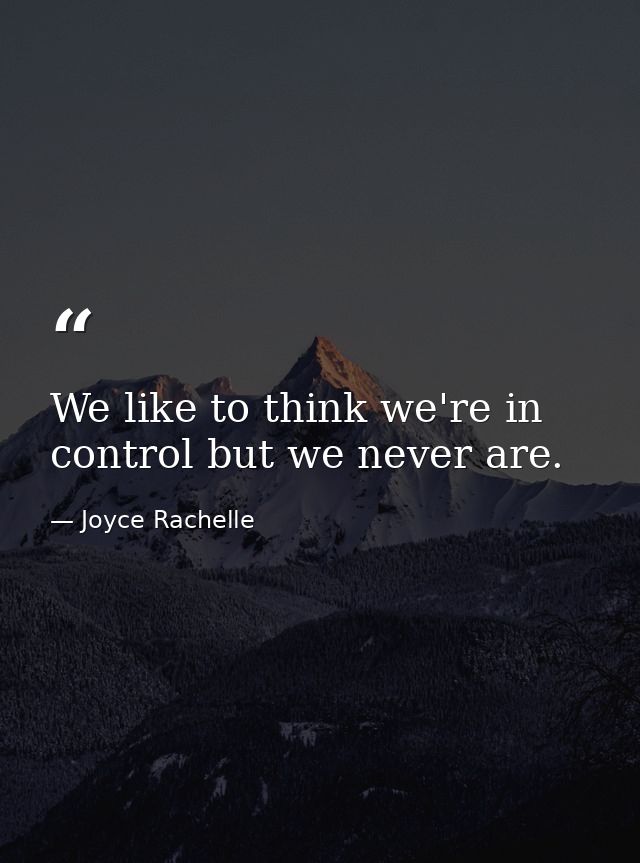 We like to think we're in control but we never are. — Joyce Rachelle