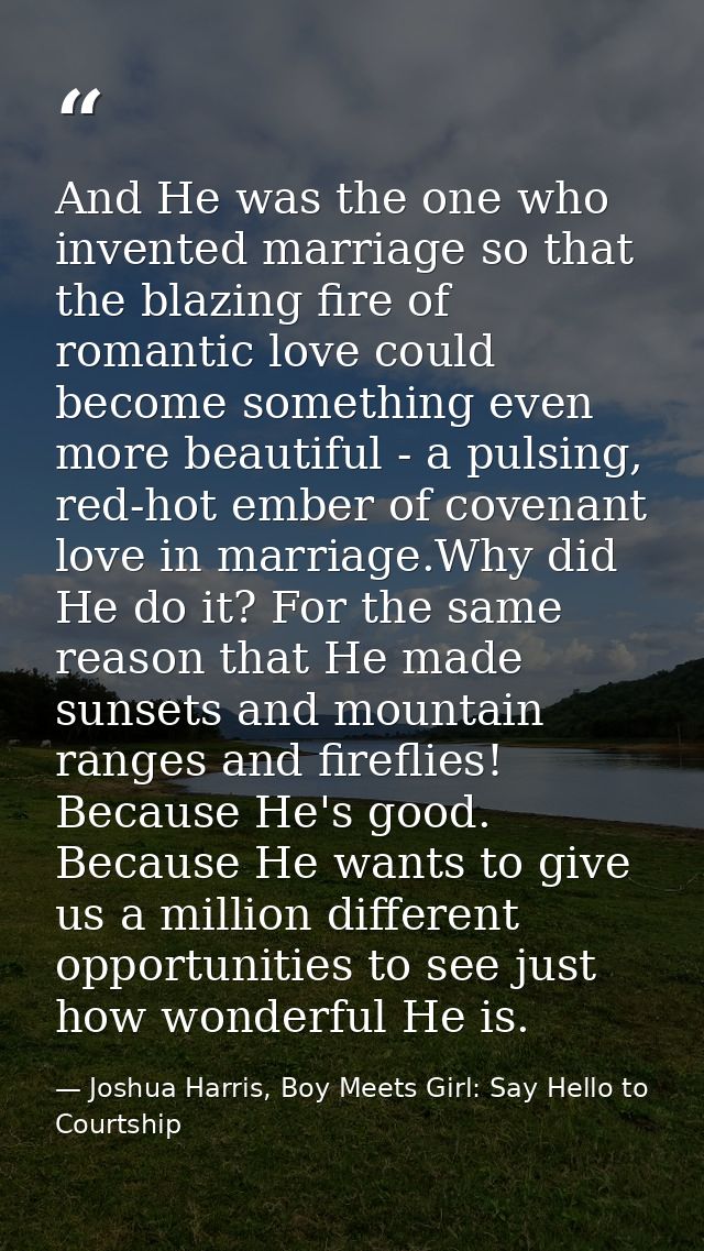 And He was the one who invented marriage so that the blazing fire of romantic love could become something even more beau — Joshua Harris, Boy Meets Girl: Say Hello to Courtship