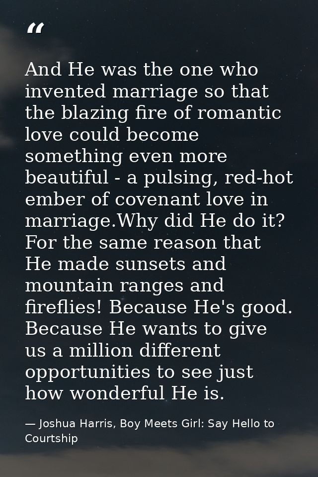 And He was the one who invented marriage so that the blazing fire of romantic love could become something even more beau — Joshua Harris, Boy Meets Girl: Say Hello to Courtship