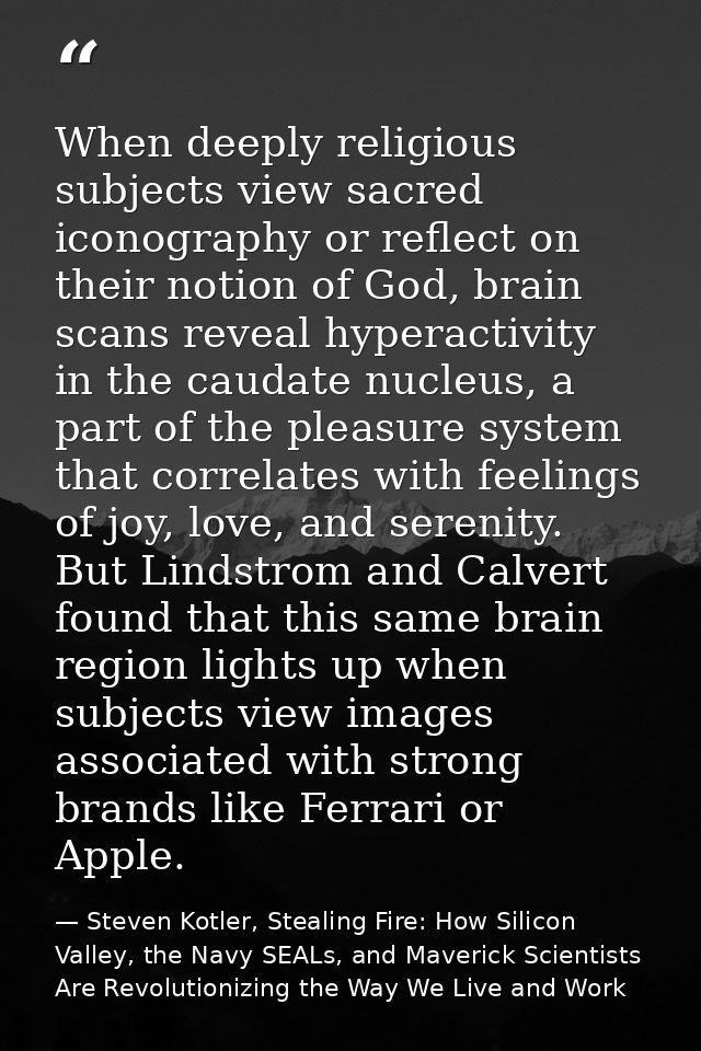 When deeply religious subjects view sacred iconography or reflect on their notion of God, brain scans reveal hyperactivi — Steven Kotler, Stealing Fire: How Silicon Valley, the Navy SEALs, and Maverick Scientists Are Revolutionizing the Way We Live and Work