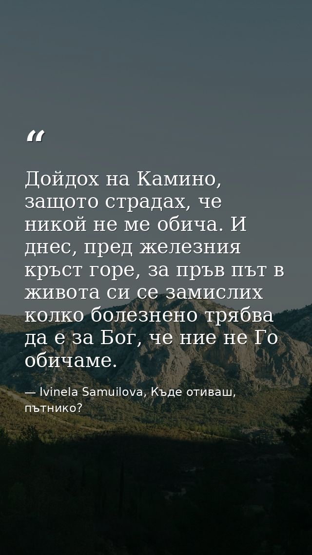 Дойдох на Камино, защото страдах, че никой не ме обича. И днес, пред железния кръст горе, за пръв път в живота си се зам — Ivinela Samuilova, Къде отиваш, пътнико?