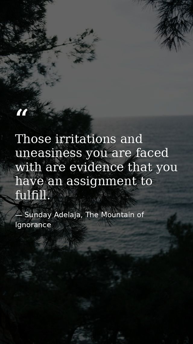 Those irritations and uneasiness you are faced with are evidence that you have an assignment to fulfill. — Sunday Adelaja, The Mountain of Ignorance