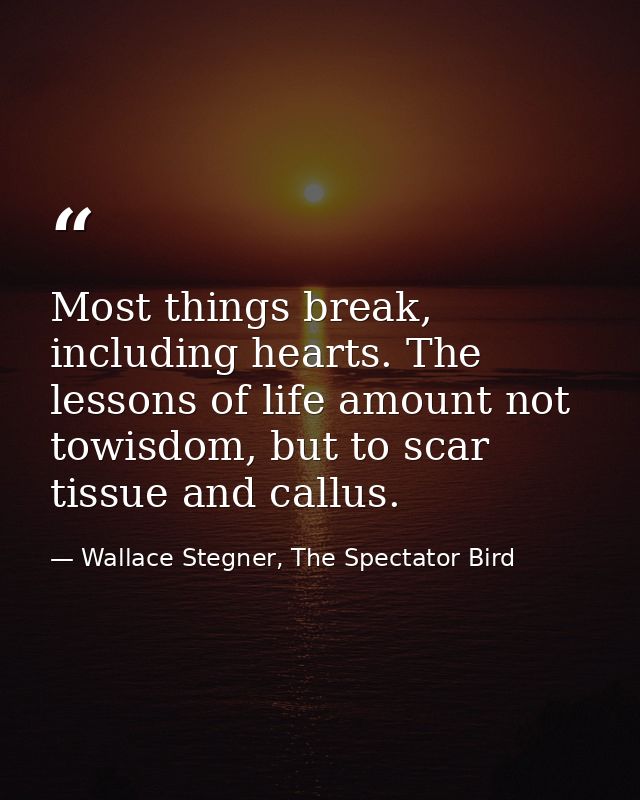 Most things break, including hearts. The lessons of life amount not towisdom, but to scar tissue and callus. — Wallace Stegner, The Spectator Bird