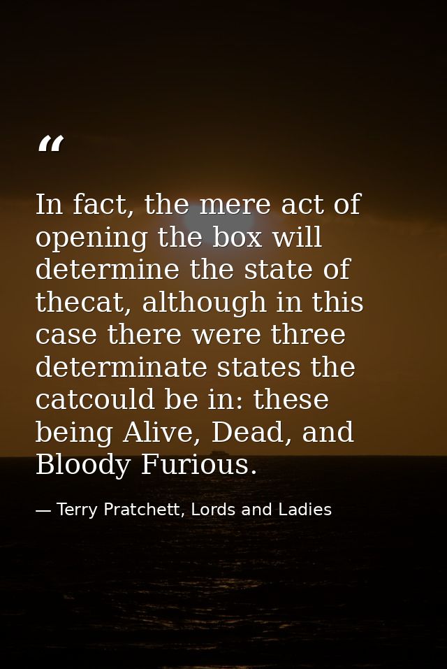 In fact, the mere act of opening the box will determine the state of thecat, although in this case there were three dete — Terry Pratchett, Lords and Ladies