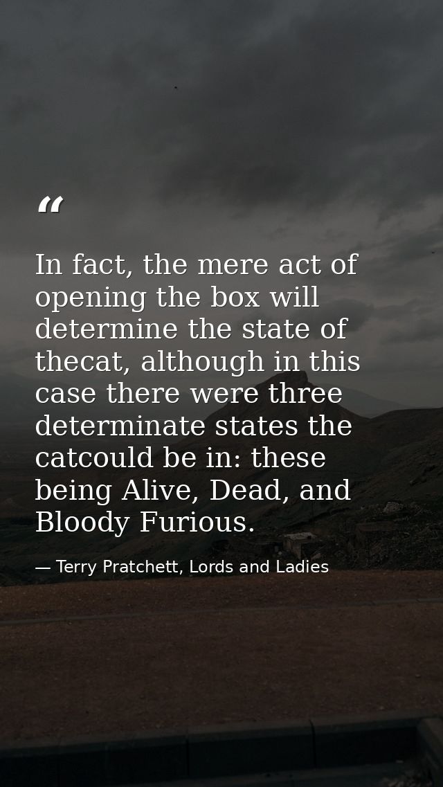In fact, the mere act of opening the box will determine the state of thecat, although in this case there were three dete — Terry Pratchett, Lords and Ladies