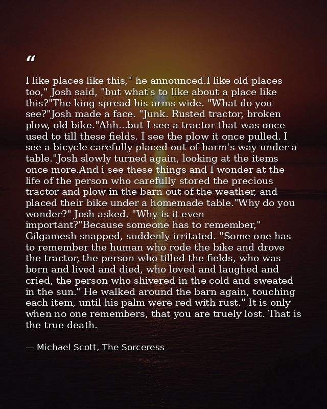 I like places like this," he announced.I like old places too," Josh said, "but what's to like about a place like this?"T — Michael Scott, The Sorceress