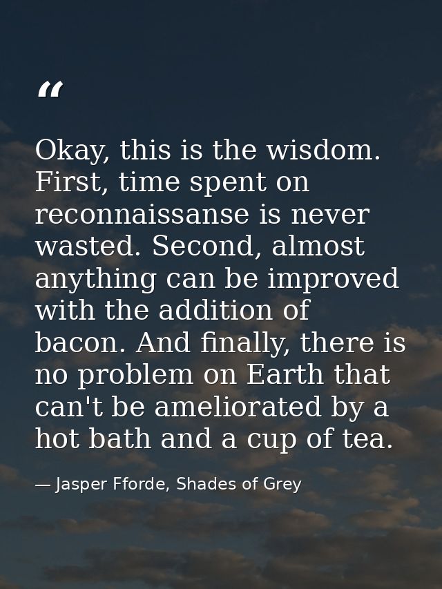 Okay, this is the wisdom. First, time spent on reconnaissanse is never wasted. Second, almost anything can be improved w — Jasper Fforde, Shades of Grey