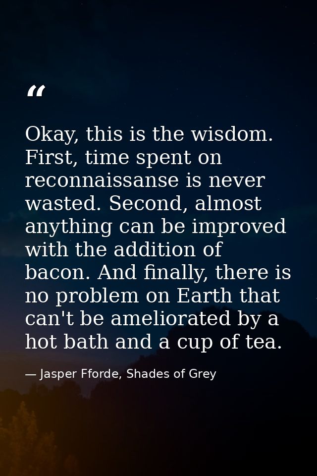 Okay, this is the wisdom. First, time spent on reconnaissanse is never wasted. Second, almost anything can be improved w — Jasper Fforde, Shades of Grey