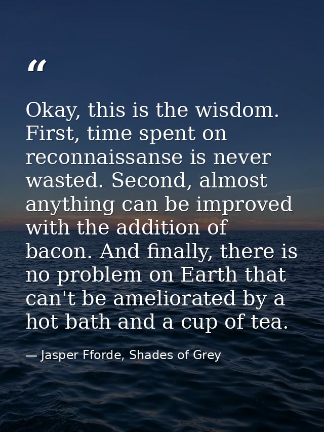 Okay, this is the wisdom. First, time spent on reconnaissanse is never wasted. Second, almost anything can be improved w — Jasper Fforde, Shades of Grey