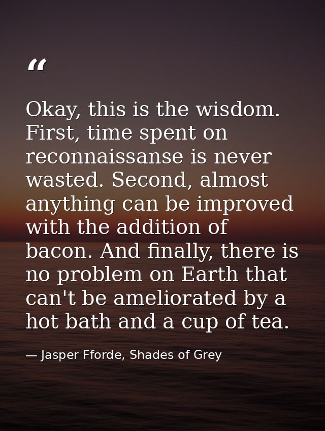 Okay, this is the wisdom. First, time spent on reconnaissanse is never wasted. Second, almost anything can be improved w — Jasper Fforde, Shades of Grey
