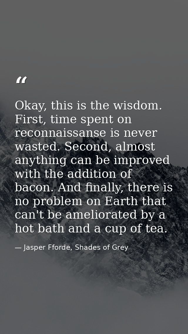 Okay, this is the wisdom. First, time spent on reconnaissanse is never wasted. Second, almost anything can be improved w — Jasper Fforde, Shades of Grey