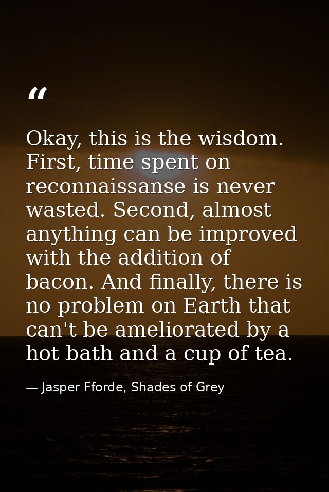 Okay, this is the wisdom. First, time spent on reconnaissanse is never wasted. Second, almost anything can be improved w — Jasper Fforde, Shades of Grey